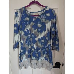 Lori Goldstein LOGO Blue Floral Relaxed Tunic 3/4 Sleeves Size XL